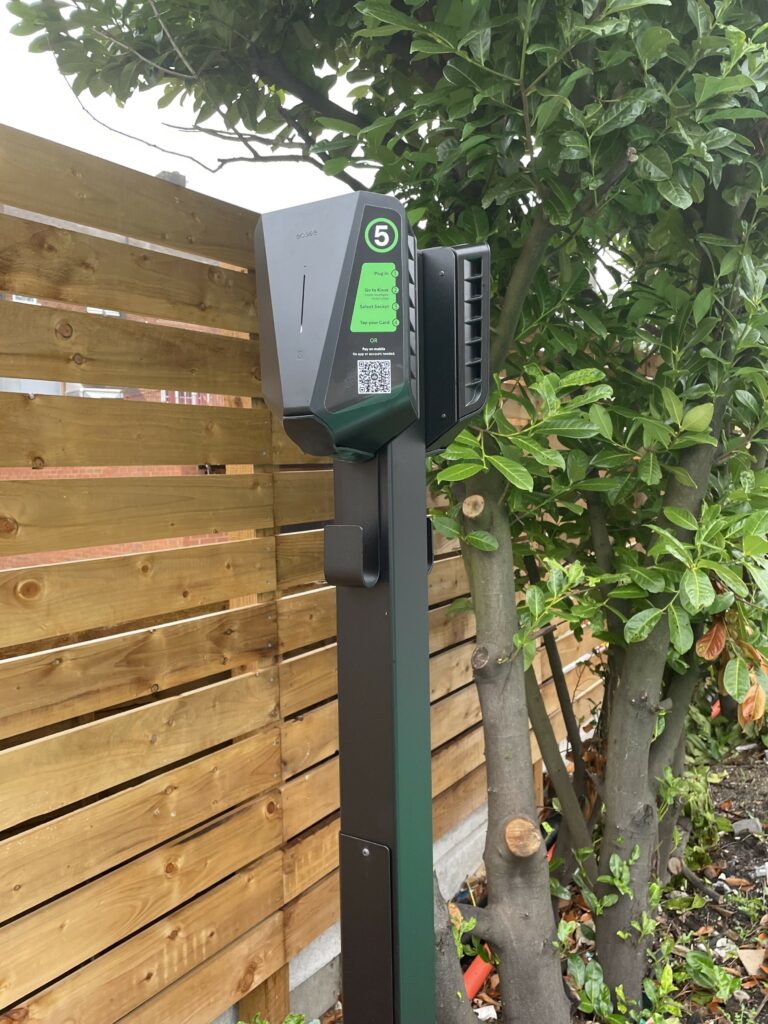 Pillar mounted EV charge points at a Hotel.
